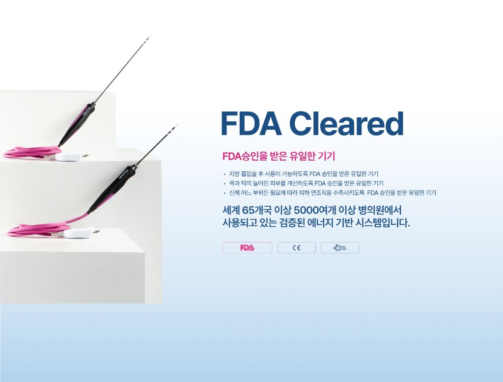 FDA Cleared — post-liposuction use, neck and submental laxity, subcutaneous soft tissue contraction. 5,000+ clinics in 65+ countries. FDA, CE, KFDA